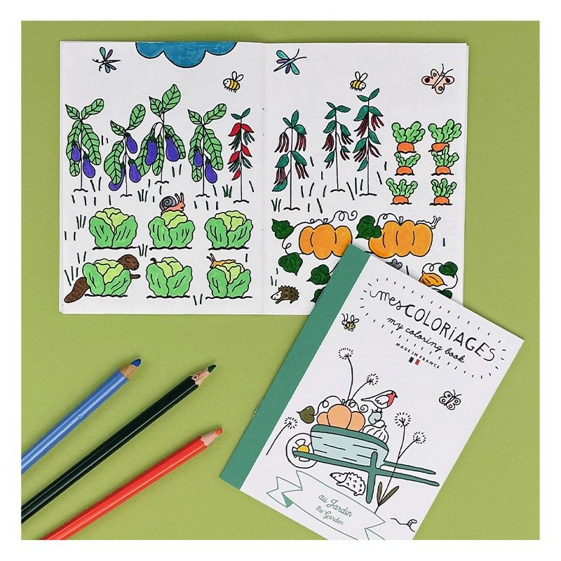 Petit carnet de coloriage pour enfants sur le thème du jardin avec fleurs, insectes et outils de jardinage