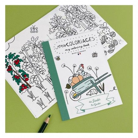 Petit carnet de coloriage pour enfants sur le thème du jardin avec fleurs, insectes et outils de jardinage