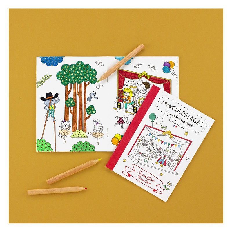 Carnet de coloriage pour enfants sur le thème du spectacle, avec danseurs, musiciens et clowns à colorier.