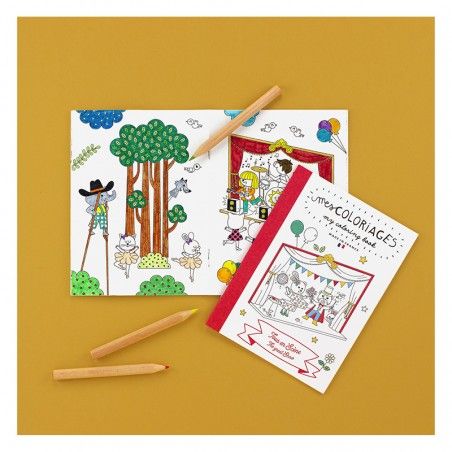 Carnet de coloriage pour enfants sur le thème du spectacle, avec danseurs, musiciens et clowns à colorier.