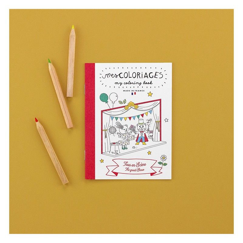 Carnet de coloriage pour enfants sur le thème du spectacle, avec danseurs, musiciens et clowns à colorier.